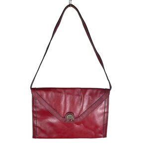Vintage Etienne Aigner Burgundy Leather Envelope Clutch Shoulder Bag Brass Logo